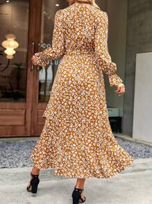 Women Spring Dress Floral V Neck Long Sleeve Belted High Waist Flowy Ruffle Wrap Long Maxi Dress Boho Bohemia Fall Beach Vacation Holiday Night Out Valentine Dress Outfits - Màu vàng - Xem 2