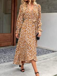 Women Spring Dress Floral V Neck Long Sleeve Belted High Waist Flowy Ruffle Wrap Long Maxi Dress Boho Bohemia Fall Beach Vacation Holiday Night Out Valentine Dress Outfits - Màu vàng - Xem 3