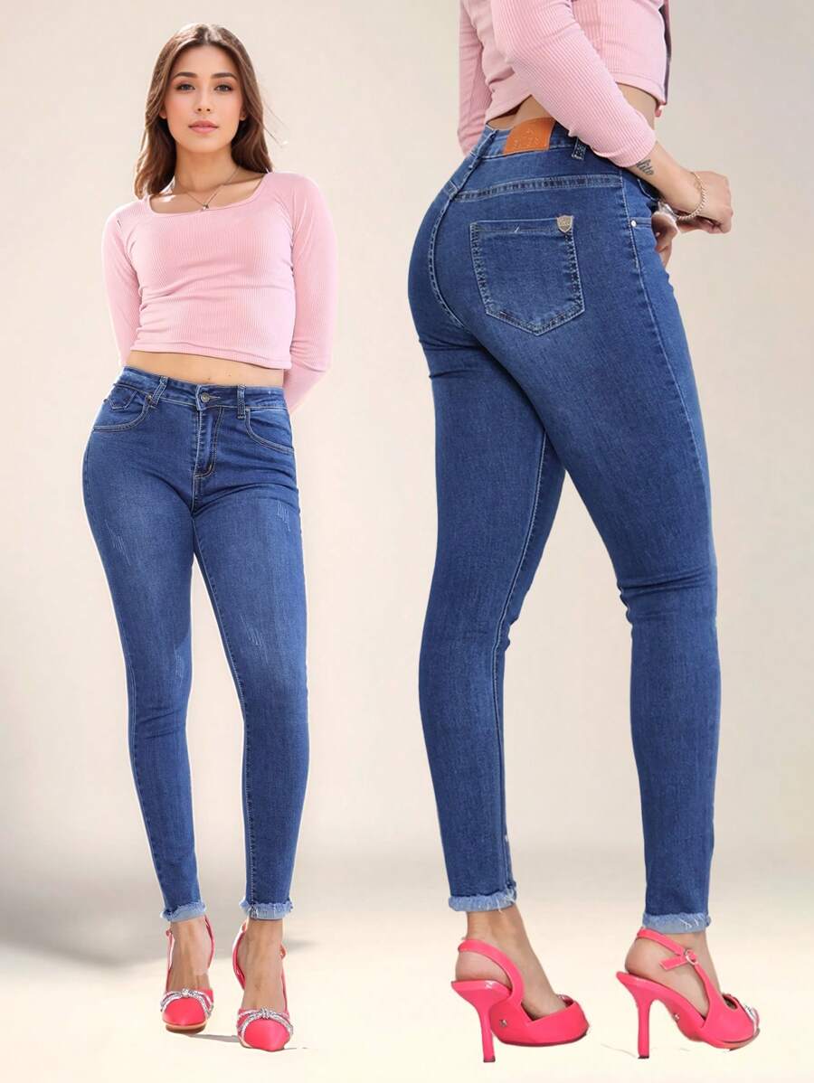 Women's Skinny Jeans With Special Distressed Design And Fluff At The Bottom, High Waisted Skinny Jeans For Women, Blue Jeans For Women - 藍色 - 查看 1