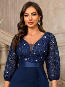 MIUSOL 经典亮片花卉蕾丝甜心领灯笼袖开叉大腿鸡尾酒会修身连衣裙