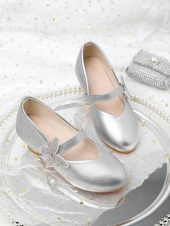 2025 New Year's Limited Edition Children's Princess Style High Heels With Gold Sequins For Runway Shows, Everyday Travel Student High Heels Paired With Party Dresses Suitable For Autumn And Winter, Children's High Heels With Gold Sequin Bow Decorations, Teen High Heels