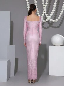 性感方形领口长袖水钻装饰修身超长绷带连衣裙，女士正式晚会生日礼服，婚礼宾客 - 粉色 - 查看 6