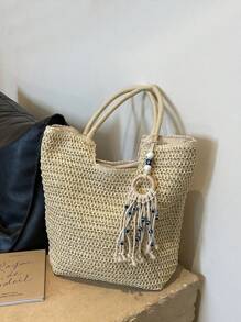 1 Pieza Bolsa de papel trenzada de gran capacidad con estilo de ocio y vacaciones, de unicolor, con decoración de colgante de ojo del diablo, bolsa de playa de un solo hombro para mujer, adecuada para vacaciones al aire libre, viajes diarios, ocio y combinación de ropa de moda. - Multicolor - Ver 14