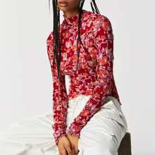 Women's Long Sleeve Mesh Tops See Through Sheer Tee Shirts Mock Neck Floral Print Crop Tops Y2K Layering Top Blouses For Party Club Casual - 紅色 - 查看 2