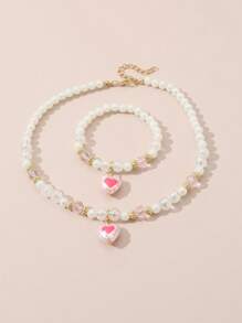 2pcs Set Sweet Faux Pearl Heart Duck Pendant Necklace & Bracelet Jewelry Set, Gift For Girls