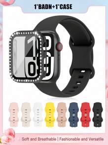 三合一包括腕带、表壳和保护膜 女式 男式 I 时尚运动 柔软、舒适、透气 单色纯色硅胶蝴蝶扣表带 带单颗水钻 双颗水钻 带钢化膜保护套 元旦礼物 多种颜色可选，搭配 Apple Watch Ultra 系列 9/8/7/6/5/SE/4/3/2/1 配件 替换表带 配件 DIY 套装 情人节 - Series 4/5/6/SE[40mm] - 查看 14