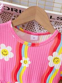 2 Pieces Young Girls Casual Striped Smiling Flower Rainbow Print Short Sleeve Round Neck Top And Shorts Set, Daily/Outdoor/Sports, Spring/Summer - Multicolor - View 4