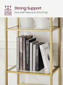 VASAGLE 5-Tier Shelf, Tempered Glass Shelving Unit, Arched Design, Steel Structure, For Living Room Bedroom Study Bathroom, Metallic Gold And Transparent - White - View 6
