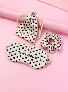 3pcs/Set Black Polka Dot Printed Eye Mask, Scrunchie, And Storage Bag Set, Silky Soft Texture, Ideal For Resting, Dressing Up, And Storage - Black and White - View 6
