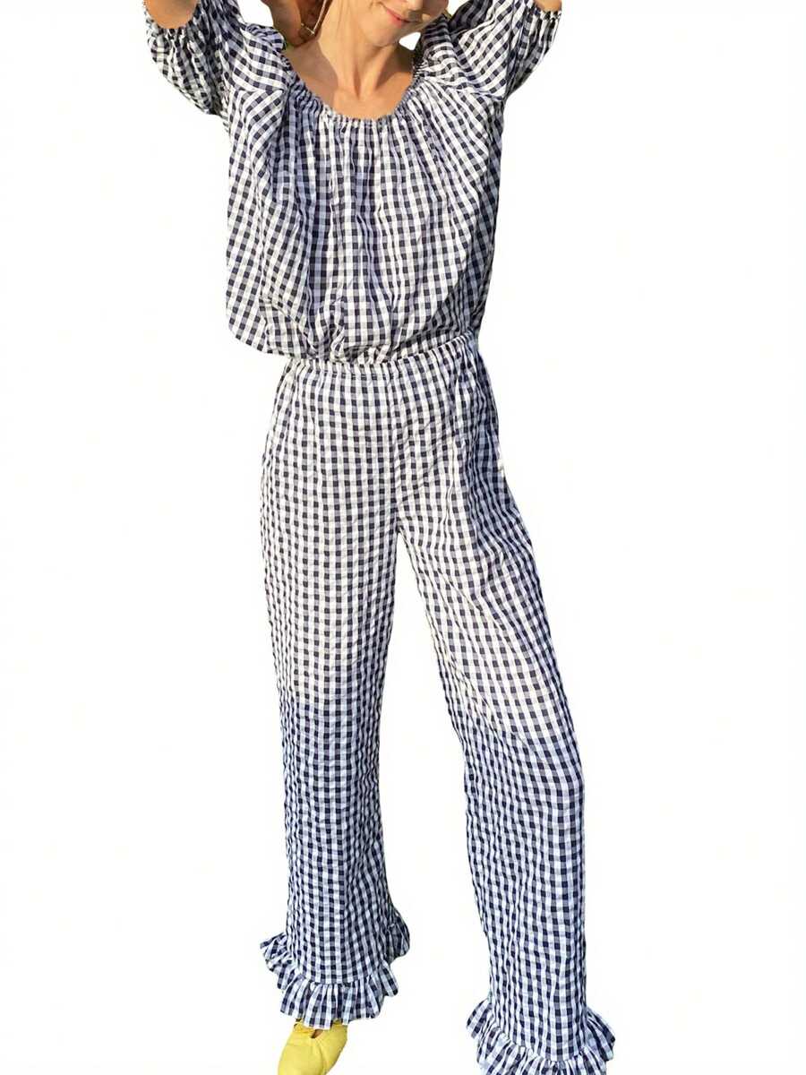 Women's 2 Piece Pajama Set Short Sleeve Stripe/Plaid Print Tops Wide Leg Pants Sleepwear Sets