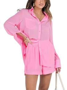 Women Pajama Set, Long Sleeve Button Closure Shirt With Shorts Sleepwear Loungewear - 粉色 - 查看 2