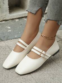 Sapatos femininos lisos, bico quadrado, trespassados, cor sólida, estilo elegante e casual, adequados para o dia a dia, escritório, trabalho, primavera, outono, PU branco - Branco - Ver 2