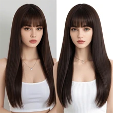 26 英寸深棕色長直劉海假髮，可耐熱合成纖維天然逼真女士日常假髮 - Dark Brown - 查看 1
