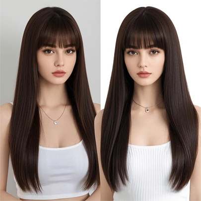 26 英寸深棕色長直劉海假髮，可耐熱合成纖維天然逼真女士日常假髮