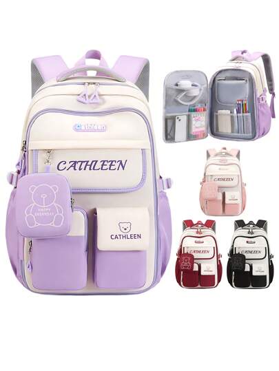 1pc Large Capacity Multi-Pocket School Backpack For Girls, Cartoon Bear Purple Backpack, Outdoor Travel Bag With Coin Pocket, Padded Shoulder Strap, Fashion Versatile Polyester, Suitable For Teenage Girls To School And Travel