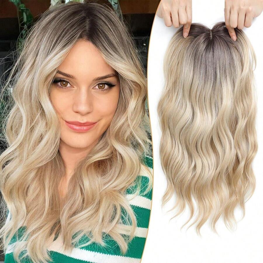Megito Hair Topper,16inch Wavy Natural Black Hair Toppers For Women With Thinning Hair Synthetic Hair Topper With Bangs Wiglets Natural Add Hair Volume - 混合金髮與黑根 - 查看 1