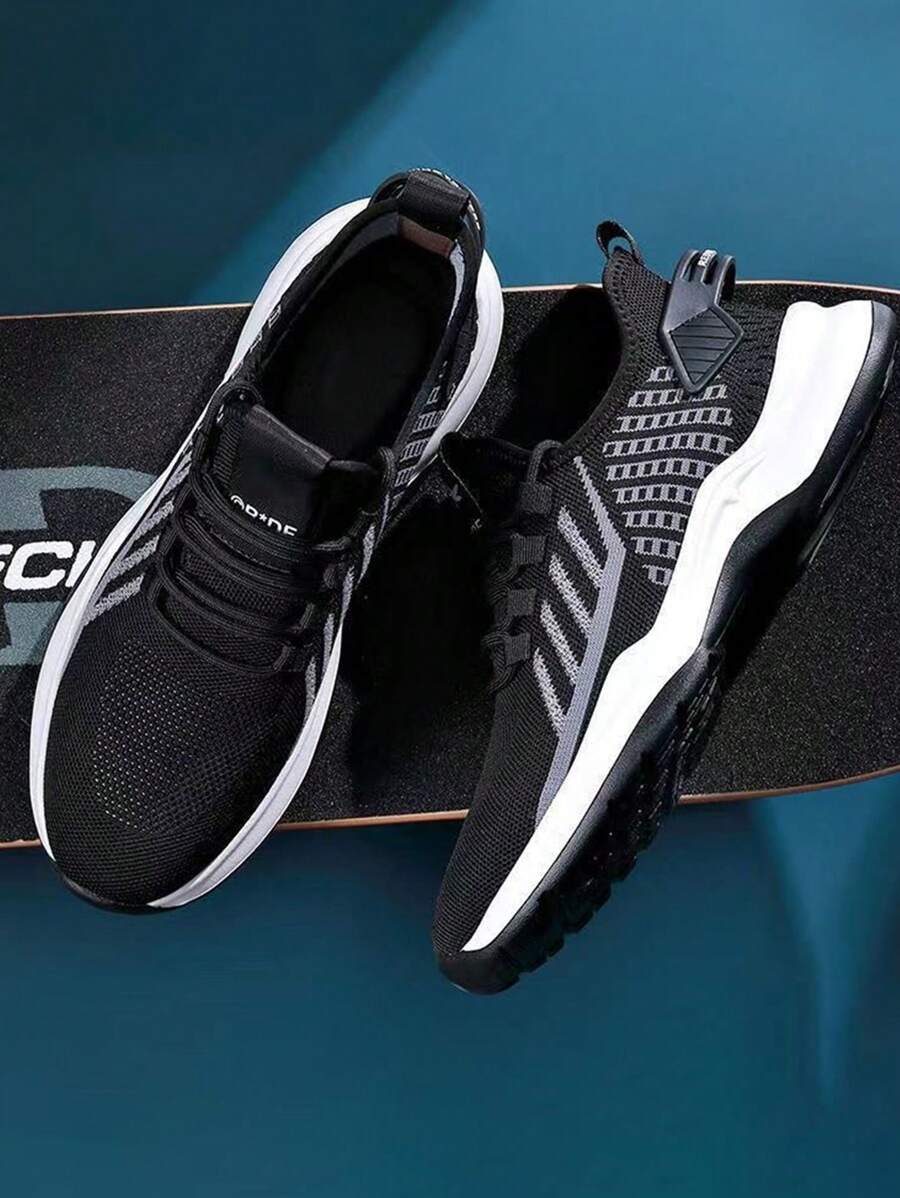 Fashion Stripe Anti-Skid Thick Sole Men's Slip On Shoes, Lightweight Breathable Mesh Men's Tennis Shoes, Outdoor Casual Hiking Sneakers, Suitable For Dog Walking, Fitness, Party, Camping, Tennis, Running, Cycling And Casual Wear. - 黑色 - 查看 1
