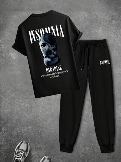 Men's English Graphic Face Mask Casual Daily Wear Short Sleeve T-Shirt And Pants Set