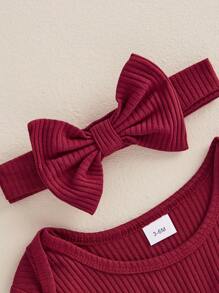 Newborn Baby Girls Rompers Knit Round Neck Long Sleeve Infant Fall Jumpsuits With Headband Coming Home Outfit - 紅色 - 查看 5