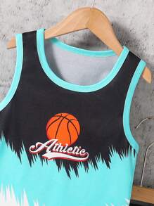 2pcs/Set Young Boy Outdoor Sports Casual Sleeveless Vest, Three-Color Gradient Patchwork No.30 Star Number Print, Breathable Quick-Dry, Basketball Training Outfit, Summer - Black - View 4