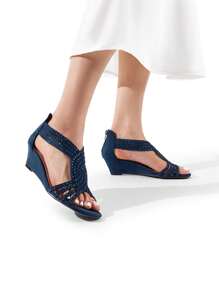 Women's Wedge Sandals Open Toe Rhinestone Fashion Comfortable For Party Wedding Dress Summer Shoes - 藏蓝色 - 查看 7