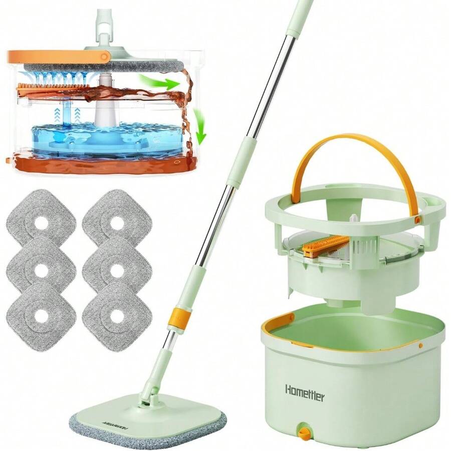 Local Delivery Mop And Bucket With Wringer Set For Home With 2 Microfibra Replaceable Mop Pads, Self Separation Dirty And Clean Water System, Self Wringing 360° Rotating Square Mop-Head