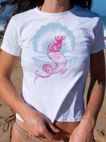 Women's Crop Tops Summer Short Sleeve Round Neck Sea Animal Print Baby Tees - Pink - View 3