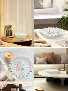 1 peça tigela decorativa com borda franzida, bandeja em formato de leque de resina, decoração moderna, tigela com borda de folha de lótus ranhurada, usada para decoração de casa, bandeja organizadora de cozinha funcional, estatueta de arte artesanal branca/preta