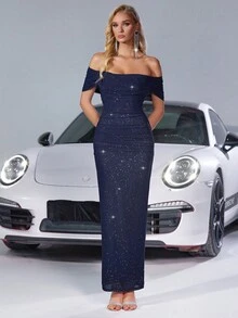 Váy dạ hội hở vai lấp lánh cho nữ, váy dự tiệc, váy dự tiệc cưới, váy trang trọng, váy dạ hội - Màu xanh lam - Xem 3