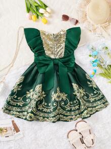 Young Girl's Sequin Patchwork Cap Sleeve Dress, Suitable For Everyday And Birthday Parties - Green - View 2
