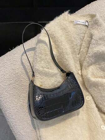 1pc Women's Mini Solid Color Versatile Crocodile Pattern PU Zipper Closed Shoulder Armpit Bag, Early Spring Shoulder Bag, Suitable For Daily Use By Girlfriends