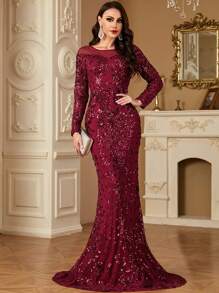 hezixi Đầm đuôi cá lưới đính sequin thanh lịch, đầm dự tiệc, đầm dự đám cưới, đầm dạ hội, đầm mùa xuân. - Màu Đỏ Sâu - Xem 3