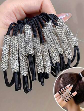 10pcs Women's Black Crystal Elastic Hair Ties, High Stretch Non-Damaging Fashion All-Match Ponytail Holders, Simple Versatile Hair Accessories For Everyday Use, Hair Elastics, Hair Rope, Hair Bobbles, Gym Sport Outfit