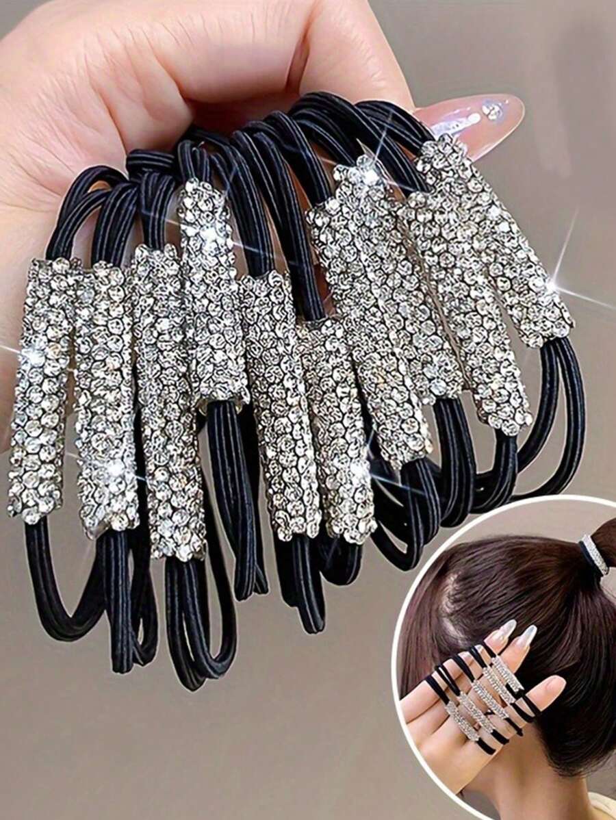 10 pezzi Elastici per capelli neri con cristalli per donne, ad alta elasticità, non dannosi, alla moda, adatti per qualsiasi look, fermacode per coda di cavallo, accessori per capelli semplici e versatili per uso quotidiano, elastici per capelli, corde per capelli, bobine per capelli