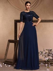 对比色亮片网眼镶嵌舞会礼服优雅正式晚会婚礼宾客礼服，适合毕业典礼、晚宴派对礼服 - 藏蓝色 - 查看 3