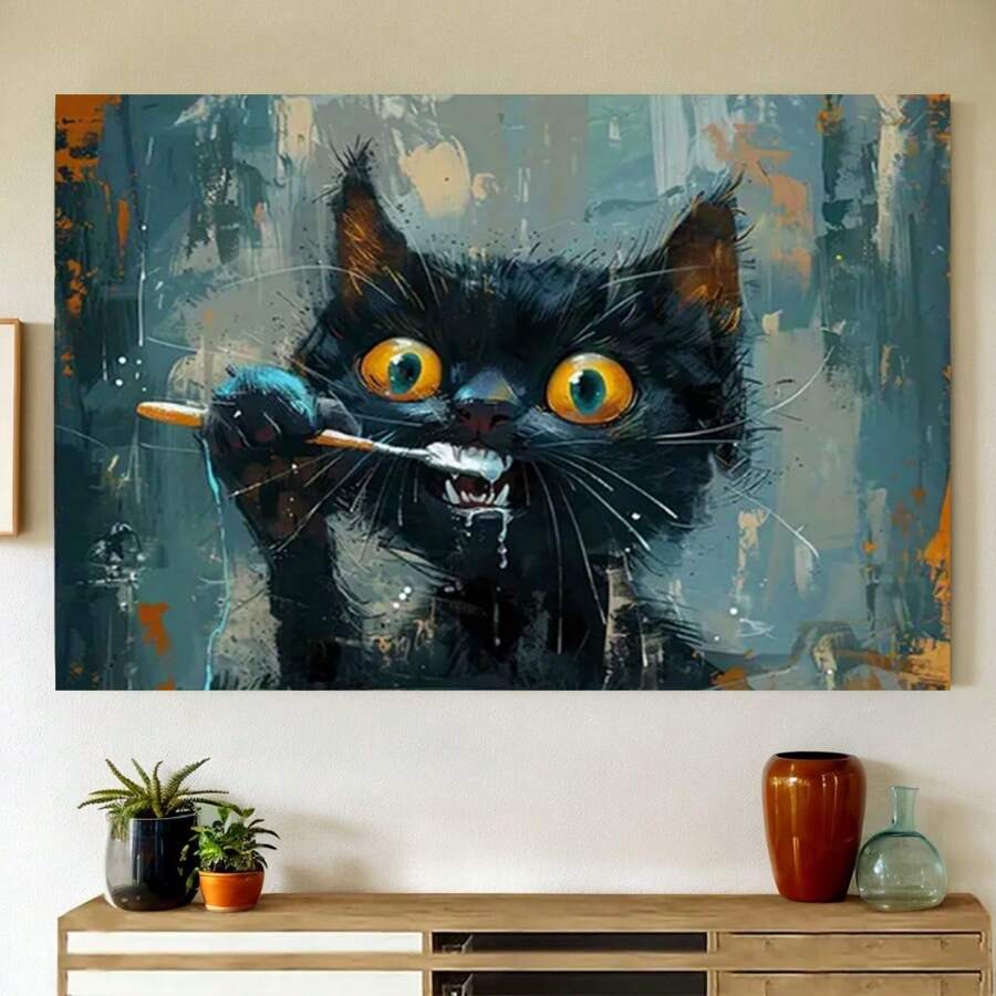 1pc Very Interesting Black Cat Art Poster, Canvas Wrapped Frame - A Fun Art Print Suitable For Giving To Family And Friends, Home Decoration, Wall Decoration, Adding Fun And Charm To Any Room, Wall Art - Multicolor - View 1