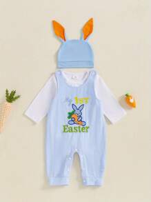 Newborn Baby Boy My First Easter Outfit Long Sleeve Romper Bunny Embroidery Plaid Overalls Jumpsuit Rabbit Ears Hat 3 Piece Spring Set - White - View 2