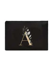 A Black Makeup Bag With The Initials A~Z Printed On It, Featuring A Green Leaf Pattern Print,Cosmetic Bag,Portable Wash Bag,Teacher's Day Gift, Reusable Makeup Bag, Women's Simple And Large Capacity Travel Makeup Bag