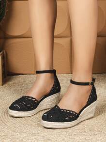 女士麻绳坡跟蕾丝镂空休闲包头圆头镂空厚底高跟草编凉鞋，百搭渔夫凉鞋 - 黑色 - 查看 4