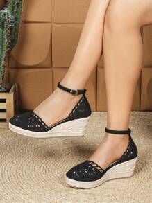 女士麻绳坡跟蕾丝镂空休闲包头圆头镂空厚底高跟草编凉鞋，百搭渔夫凉鞋 - 黑色 - 查看 2