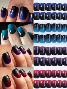 96 件/盒（4 种混合）短方形渐变设计按压指甲完美贴合亚克力假指甲，包含 1 件果冻胶和 1 个指甲锉，婴儿潮一代指甲适合女士和女孩日常佩戴狂欢派对使用指甲用品指甲 - 彩色 - 查看 8