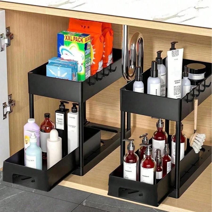 Organizzatore multifunzionale da riporre sotto il lavello, scaffale estraibile per mobile, mensola a 2 ripiani per il bagno, in confezione - nero - Visualizzare 1