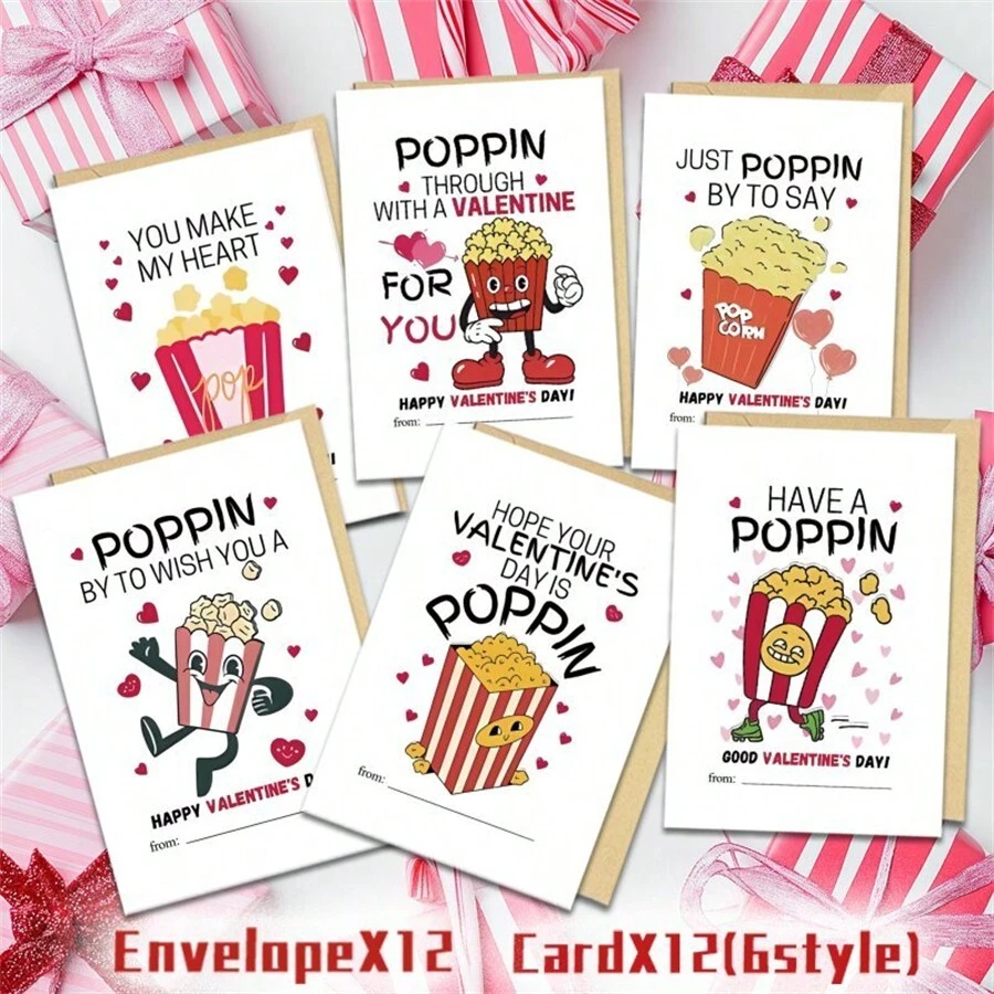 Paquete de 24 tarjetas de felicitación del Día de San Valentín con tema de palomitas de maíz, con sobres, tarjetas de papel de colores mixtos, tarjetas en blanco para ocasiones múltiples para amigos, familiares, compañeros de clase