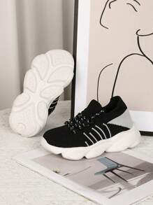 新款休闲软鞋垫袜子鞋，时尚百搭运动鞋，适合青少年、学生、男孩和女孩 - 黑色 - 查看 5