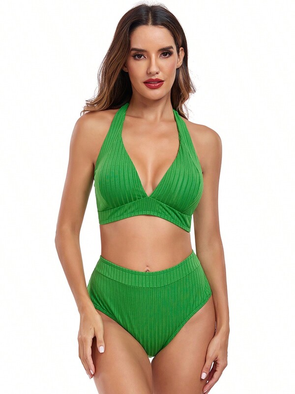 Damen Einfarbig Ripp-Strick-Bikini-Set mit tiefem V-Ausschnitt und Dreiecksform, geeignet für Schwimmen, Urlaub und Reisen, für den Sommerstrand