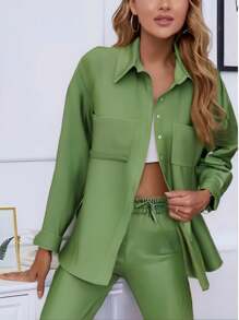 Conjunto de dos piezas de lino y algodón para mujer, camisa de manga larga con botones y pantalón de cintura alta con cordón, traje deportivo informal para mujer - Verde - Ver 4