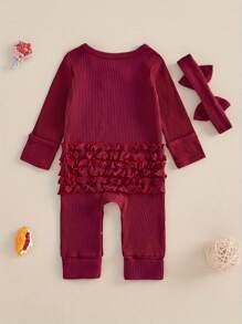Newborn Baby Girls Rompers Knit Round Neck Long Sleeve Infant Fall Jumpsuits With Headband Coming Home Outfit - 紅色 - 查看 4