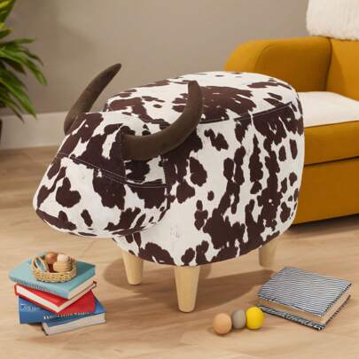 MERAX Black/Brown And White Velvet Cow-Shaped Ottoman, Cute Wood Foot Stool Shoes Changing Seat With Cushioned For Adult Living Room, Bedroom, Nursery Gameroom, Playroom, Porch Furniture