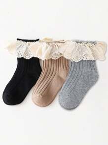 3 pares de calcetines cortos de color liso con ribete de encaje para niñas, para todas las estaciones - Multicolor - Ver 10