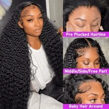bling hair Perruque Lace Frontal Wig Remy naturelle bouclée, cheveux naturels, Deep Wave HD, 13x6, 13x4, 30 34 pouces, densité 200 - Naturelle & Noire - Voir 4